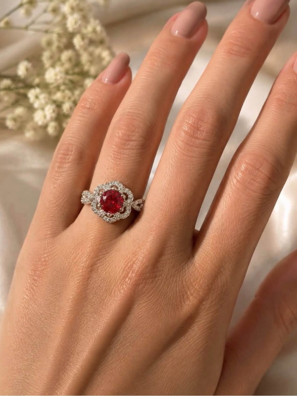 1 CT Ruby Red Moissanite 925 Sterling Silver Halo Ring – Size 8 – GRA